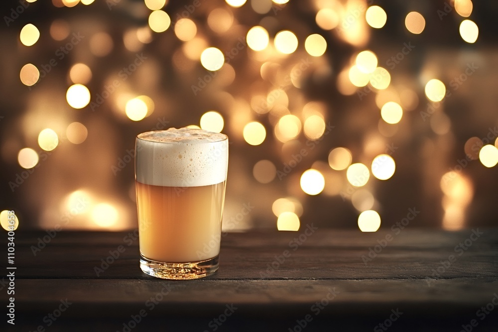 Poster glass of beer with foam on wooden table with golden bokeh lights in the background creating a warm a