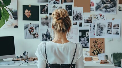 A woman stands in front of a wall of inspiration boards in a home office.