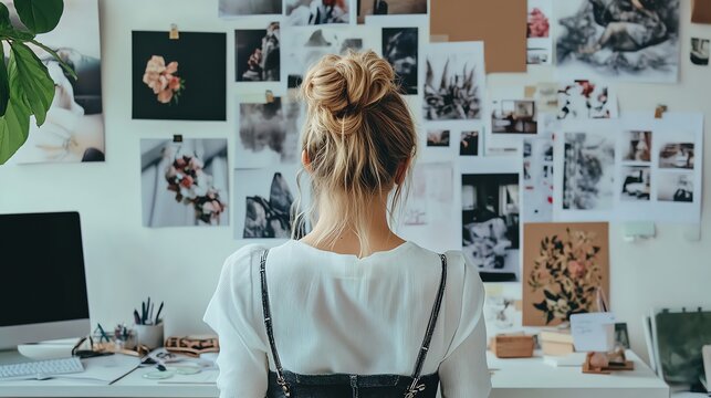 A woman stands in front of a wall of inspiration boards in a home office.