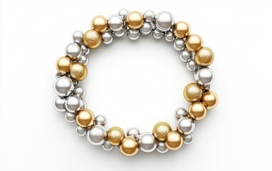 Obraz premium A circle made of alternating gold and silver baubles, creating a modern wreath design on white