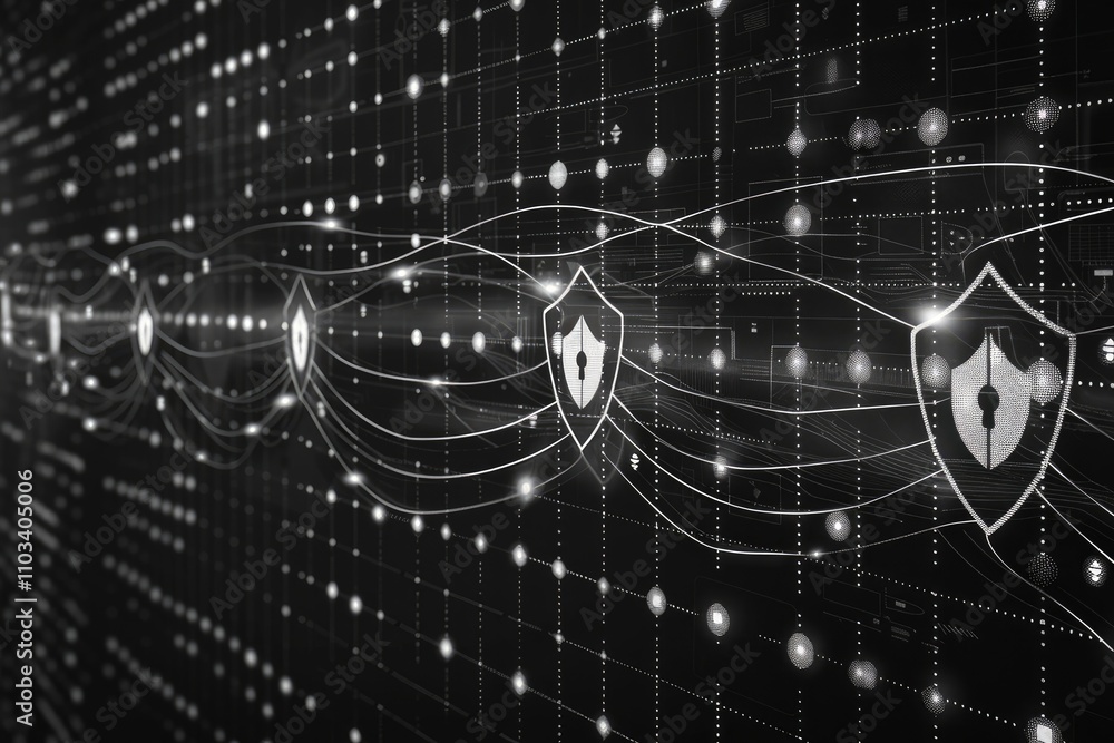 Poster abstract digital illustration of cybersecurity with shields and data lines.