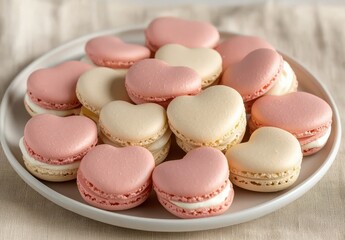 Heart-Shaped Macarons on a Plate Displaying Sweet Treats for Celebrations and Romantic Occasions, Perfect for Desserts and Special Events in Soft Pastel Colors