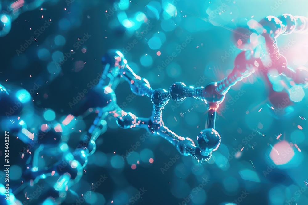 Poster abstract representation of molecular structures with vibrant colors and light effects.