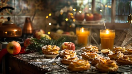 Fototapeta premium Warm cider and apple pastries on a cooling rack in a kitchen adorned