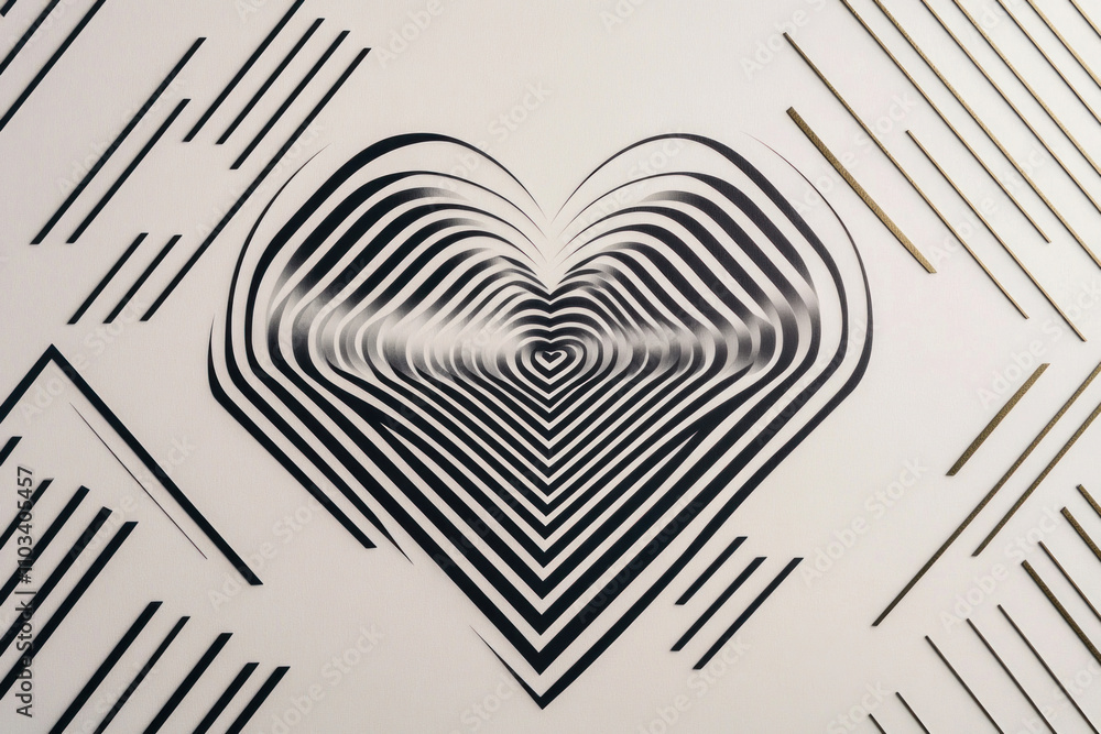 Poster optical illusion creating a 3d heart shape with black and white lines