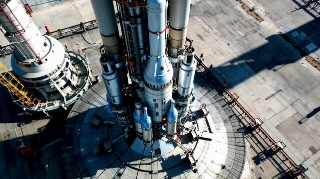 The team conducts final checks on a large rocket positioned on the launch pad at the space center, ready for an exciting journey into space soon. Precision and teamwork define the process
