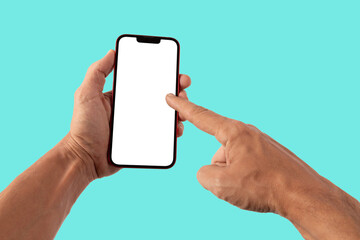 Male hands holding a red phone with blanc screen, pointing gesture, on turquoise background mockup
