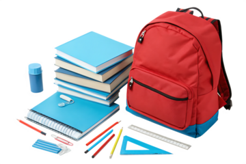 red backpack, blue books, school items composition isolated on white background as transparent. PNG. AI GENERATED