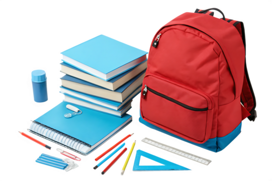 red backpack, blue books, school items composition isolated on white background as transparent. PNG. AI GENERATED
