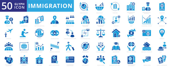Immigration icon set of gdp, worker, global, people, education, certificate, airport, passport, health care, economic, harbor, housing, justice, war, tourist, diplomacy, visa, natural disaster, native