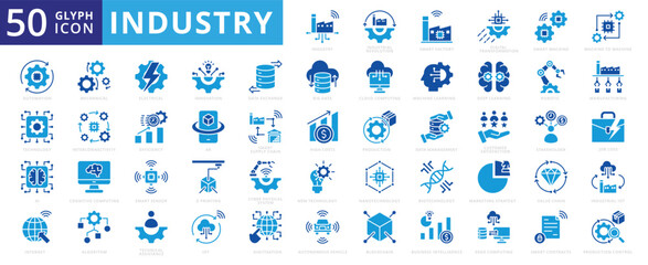 Industry 4.0 icon set of iot, ai, sensor, factory, smart, mechanical, blockchain, technology, innovation, internet, cloud computing, big data, manufacturing, electrical, biotechnology, automation, ar