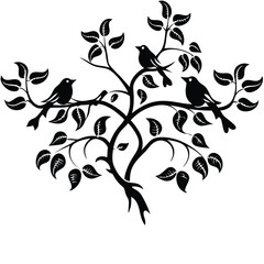 a black and white illustration of a tree branch with three birds perched on it