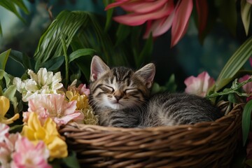 Adorable kitten sleeping peacefully in a wicker basket surrounded by colorful flowers and lush greenery