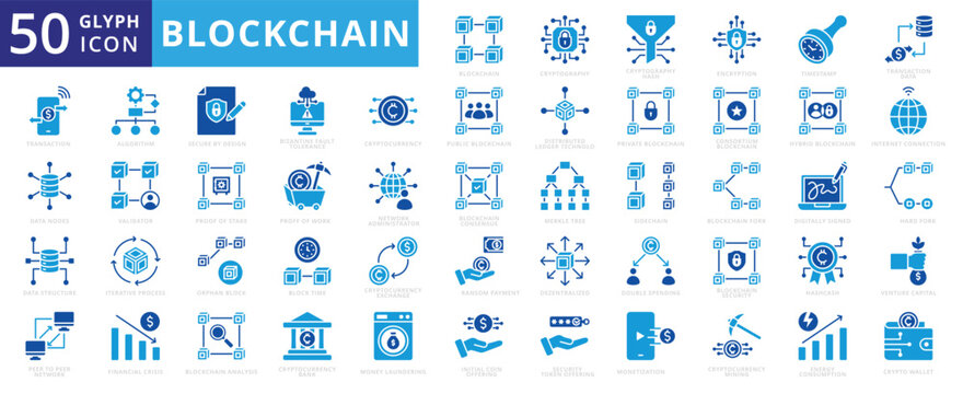 Blockchain icon set of mining, encryption, bank, exchange, fork, cryptography, hybrid, algorithm, transaction, decentralized, financial crisis, internet connection, money laundering, ico, validation