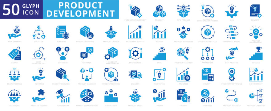 Product development icon set of initiative, new, business, building, concept, finance, success, innovation, delivery, idea, teamwork, strategy, engineering, management, research, market, profit, agile