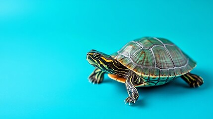 Obraz premium A small turtle on a blue background.