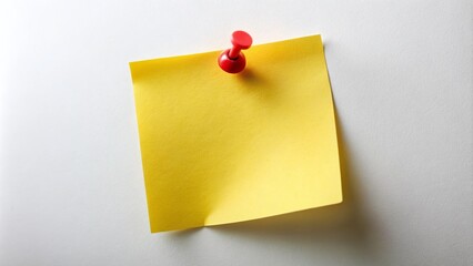 Bright Yellow Note with a Red Pin on a White Surface, Ideal for Reminders and Organization, Showcasing Depth of Field and Soft Focus for a Clean Aesthetic