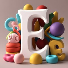 Obraz premium 3D Render of the Letter 'E' Surrounded by Colorful Playful Objects in a Stylized Scene