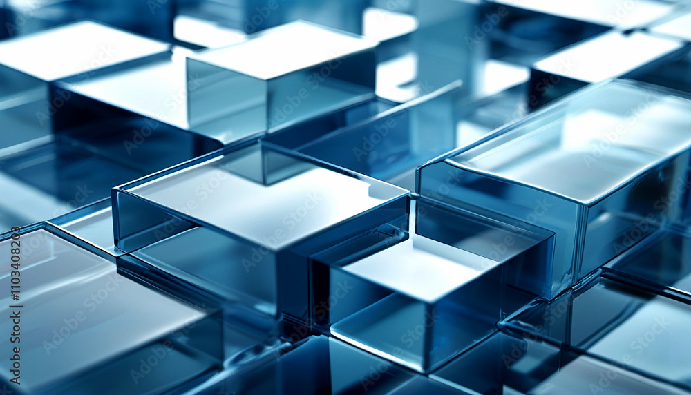 Poster translucent blue shapes form an abstract geometric pattern in modern design
