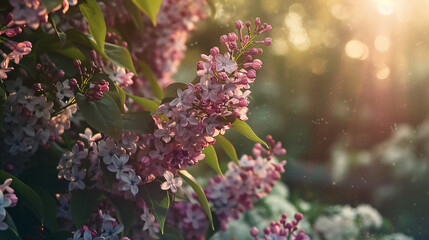 Lush bushes with lilacs and spring flowers on a sunny day, muted floral botanical background.