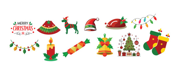The Big Christmas Set. Doodle style. Santa Claus, Christmas tree, ugly sweater and other symbolic elements.