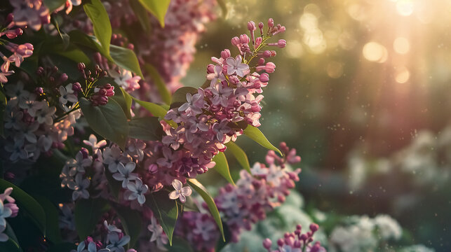 Lush bushes with lilacs and spring flowers on a sunny day, muted floral botanical background.
