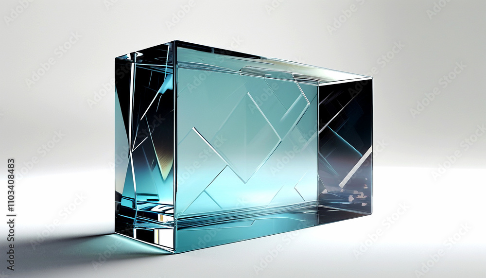 Poster translucent glass block reflecting light with geometric patterns in a minimalist setting
