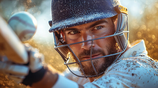 Close up portrait of a cricket player in mid-swing, bat connecting with the ball.  - Powered by Adobe