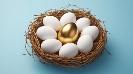 One golden egg among white eggs in a bird nest isolated on blue background. Concept of exclusivity, better choice. Generative AI