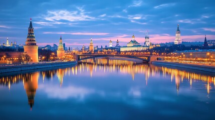 Fototapeta premium The Moscow skyline at sunset, with the Moskva River reflecting the city lights.