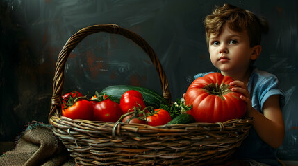 A little boy is sitting next to a full basket of vegetables. Big red tomato in hands.