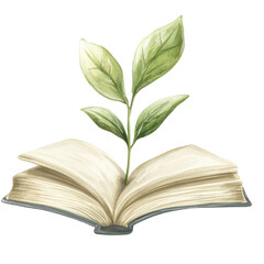Open book with a green plant sprouting from its pages, white isolated background.