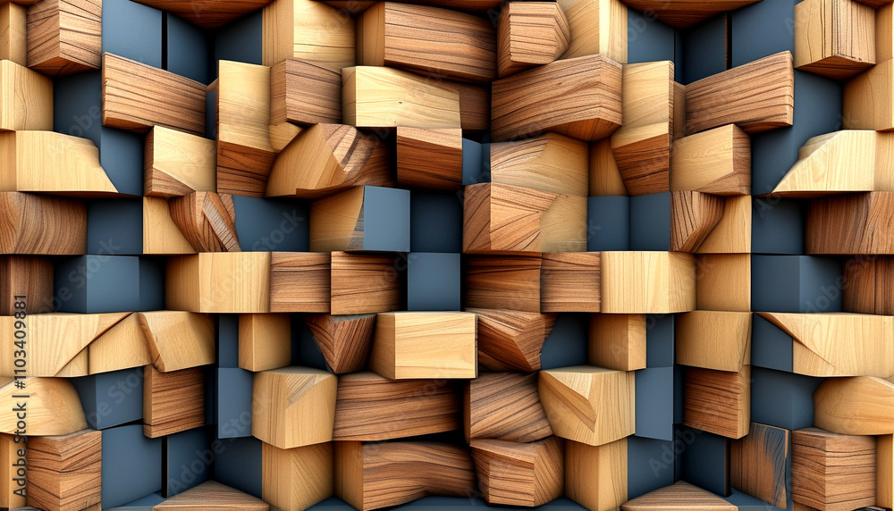 Poster wooden blocks create an artistic pattern in a textured wall display