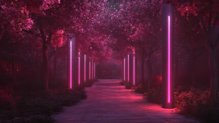 Fototapeta premium A mystical pathway surrounded by pink trees and glowing lights