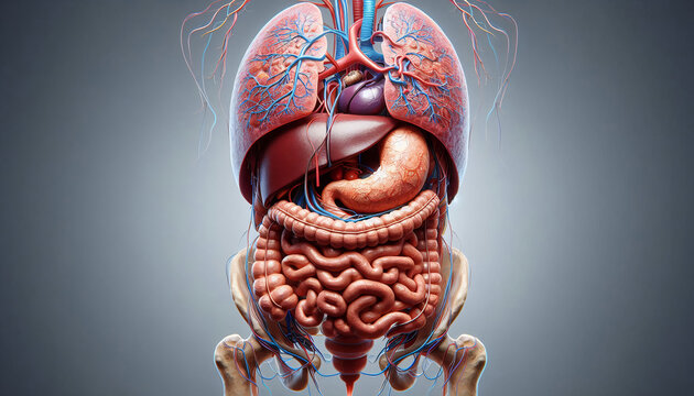 A cross-sectional 3D rendering of the human abdomen, showcasing detailed internal organs such as the pancreas, spleen, and intestines, designed for medical and educational purposes.