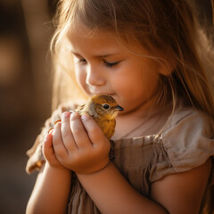 Little Girl Tenderly Cradling a Small Bird in Her Hands