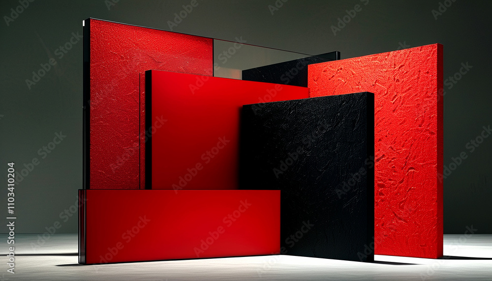 Poster vibrant red and black panels create a striking modern art display in a gallery setting