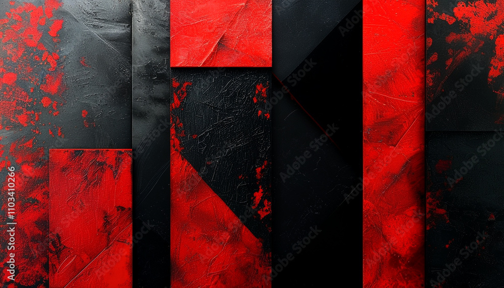 Poster bold and striking abstract composition featuring deep reds and dark textures