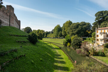 ancient medieval walled city Cittadella Padua Italy, panorama of the city from the walls