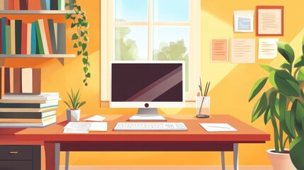 Sunny Office Workspace Illustration: Computer, Books, Plants, and Documents