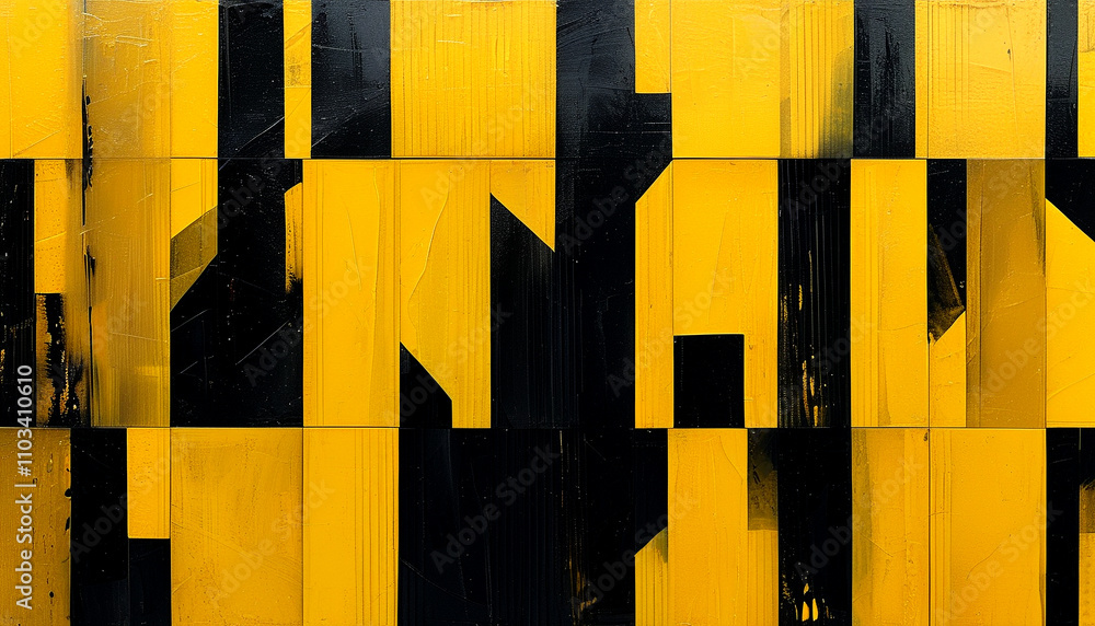 Poster abstract composition of black and yellow hues creating dynamic visual rhythm