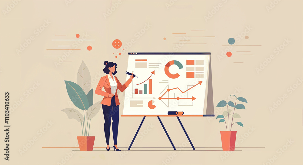 Poster businessman gives a presentation showing graphs and charts . generative ai
