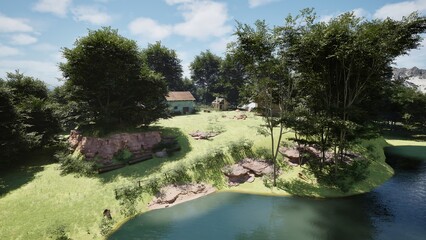 3D Realistic Render Lake With Abandoned Houses