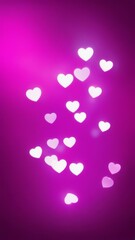 Glowing white heart shapes on a pink gradient background. Abstract romantic design with bokeh light effects and copy space