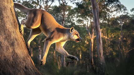Obraz premium Marsupial Lion climbing tree in Australian forest with soft golden light 