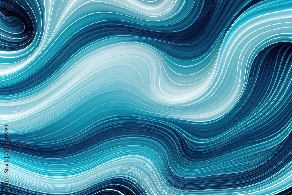 Poster flowing blue abstract waves with dynamic light effects.