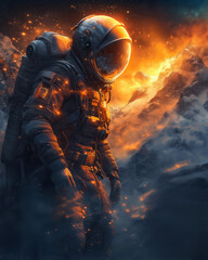 Fototapeta premium Astronaut standing on surface of barren and desert planet.