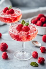 Refreshing Sparkling Raspberry Beverage in Elegant Glass with Fresh Raspberries on Light Gray Background, Perfect for Summer Gatherings and Celebrations