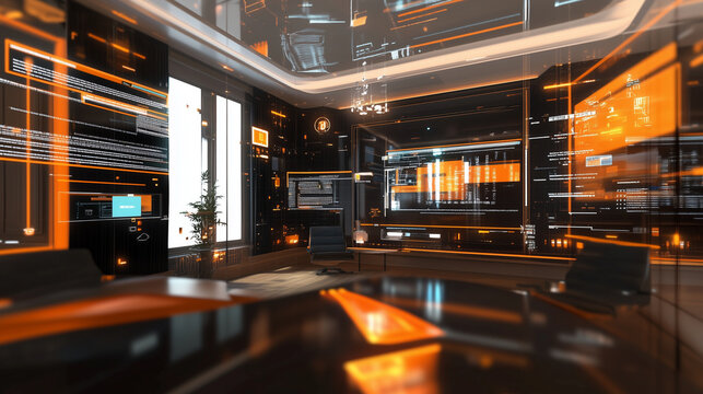 workspace in high technology of screen of digital elements with floating windows icons and lines of code