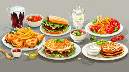 Fototapeta premium Tasty dinner on gray background. Front view. Salad, dumplings, pancake, french fries and sauces.